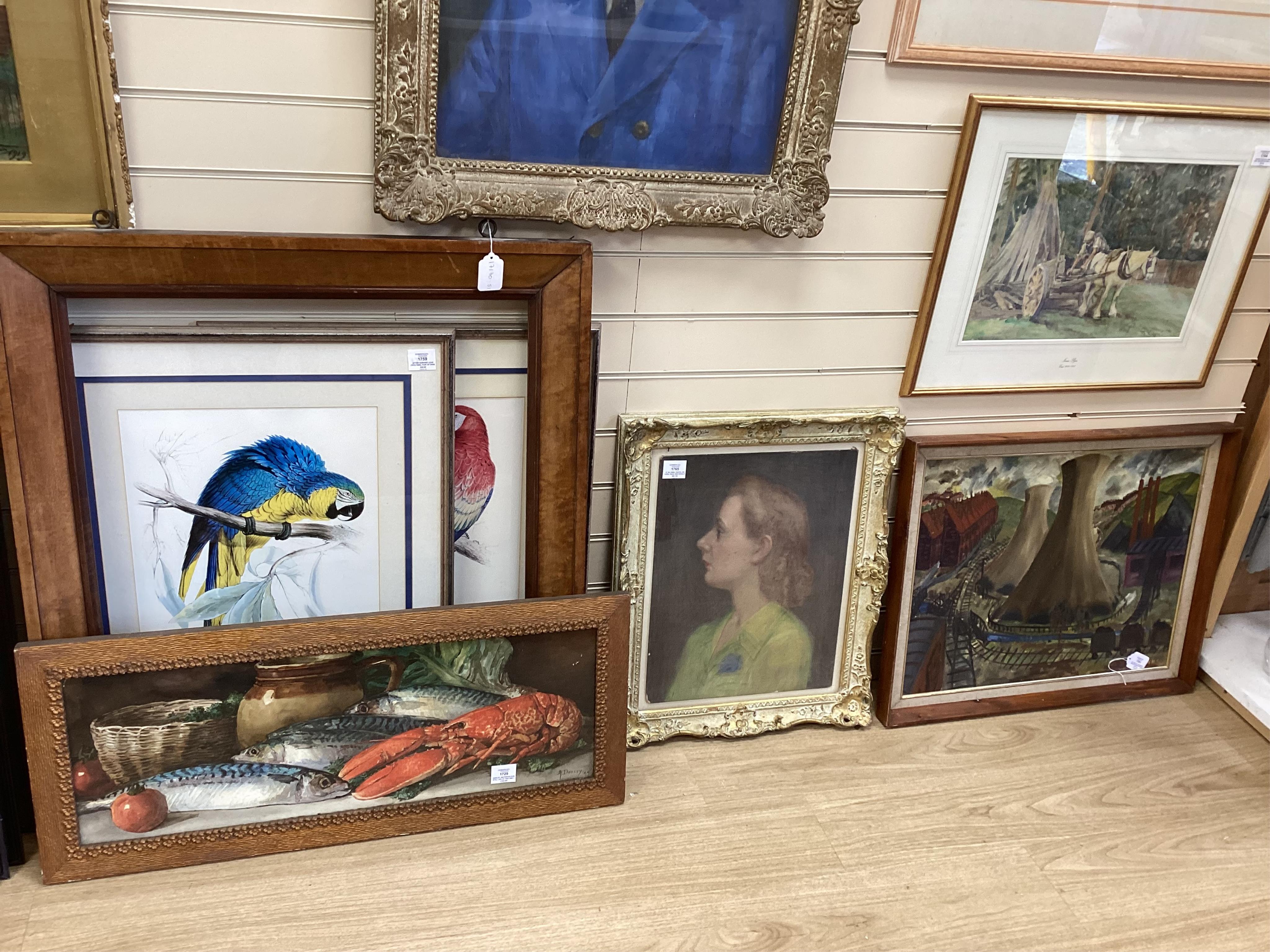 Dudley, watercolour, Still life of fish and lobster, signed and dated '99, 27 x 77cm, gilt frame. Condition - good
